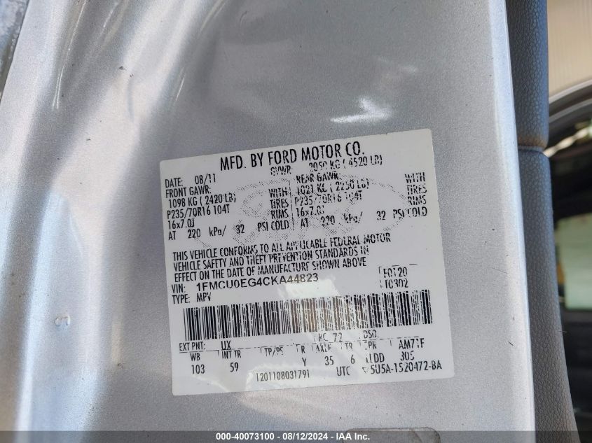 2012 Ford Escape Limited VIN: 1FMCU0EG4CKA44823 Lot: 40073100