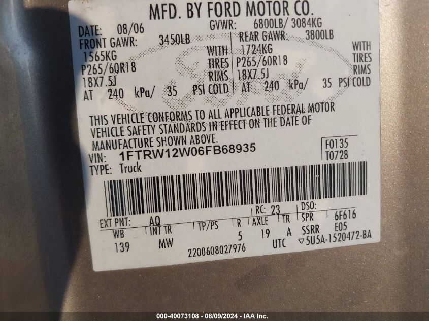 2006 Ford F-150 Xlt VIN: 1FTRW12W06FB68935 Lot: 40073108