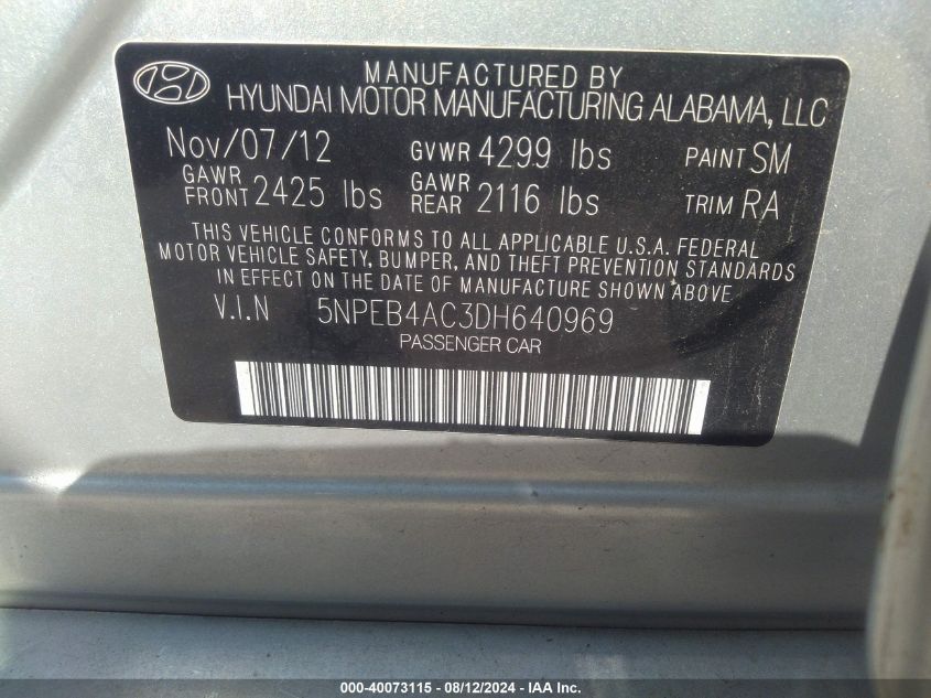 5NPEB4AC3DH640969 2013 Hyundai Sonata Gls