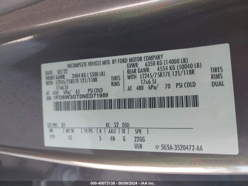 2022 Ford F-350 Chassis Xl VIN: 1FD8W3GT0NED71989 Lot: 40072828