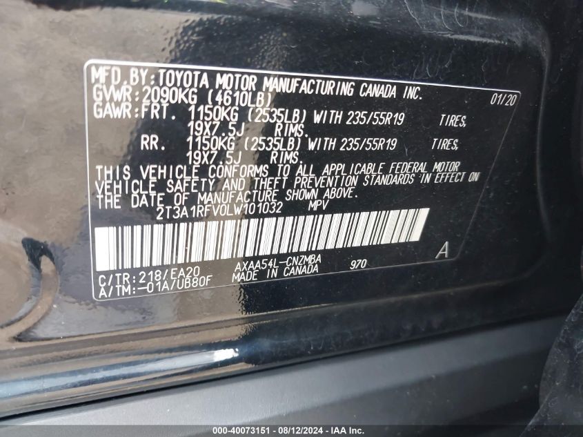 2020 Toyota Rav4 Xle Premium VIN: 2T3A1RFV0LW101032 Lot: 40073151
