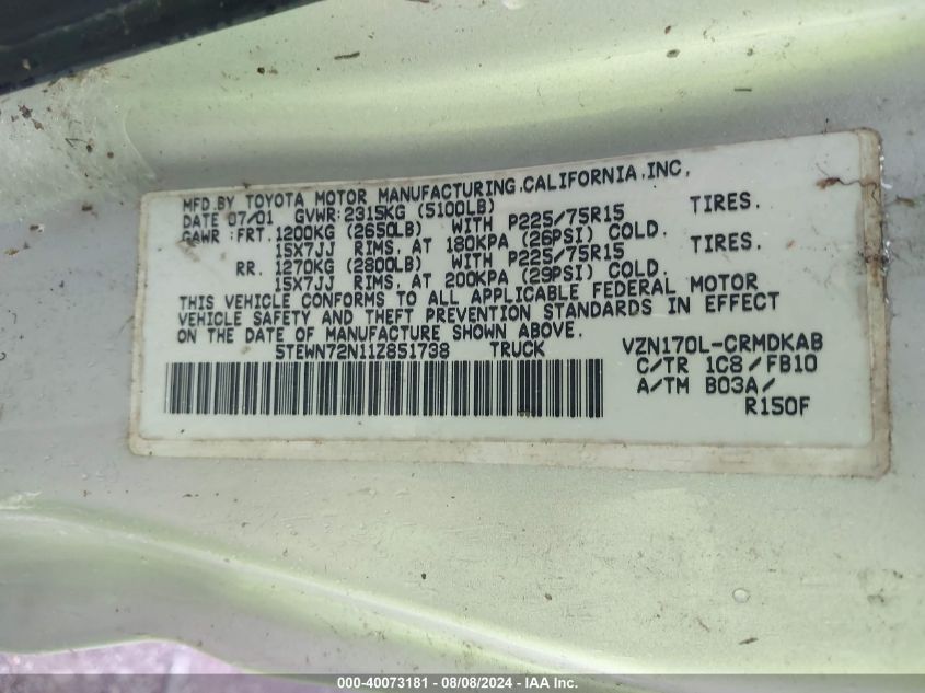 2001 Toyota Tacoma Base V6 VIN: 5TEWN72N11Z851738 Lot: 40073181