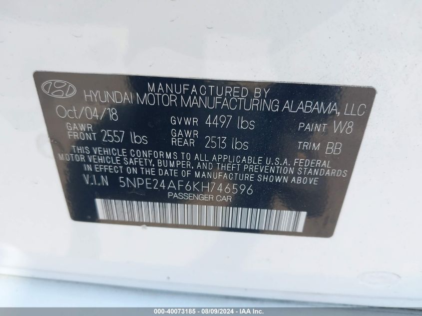 5NPE24AF6KH746596 2019 Hyundai Sonata Se