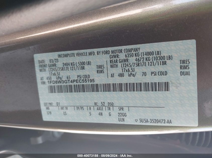 2023 Ford F-350 Chassis Xl VIN: 1FD8W3GT4PEC55195 Lot: 40073188