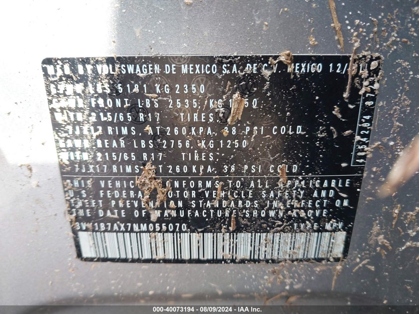 VIN 3VV1B7AX7NM055070 2022 VOLKSWAGEN TIGUAN 2.0T S