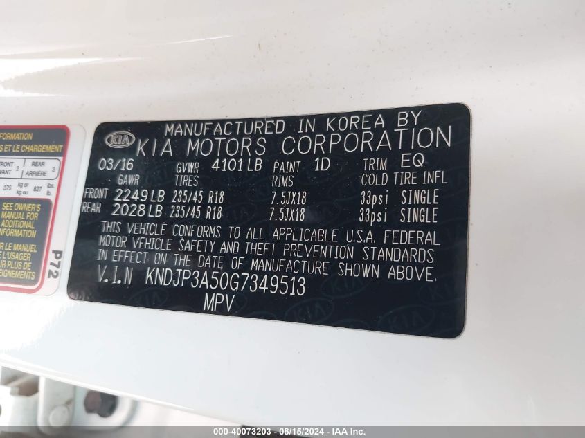 2016 Kia Soul + VIN: KNDJP3A50G7349513 Lot: 40073203