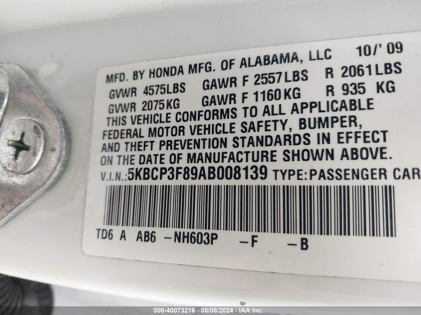 2010 Honda Accord 3.5 Ex-L VIN: 5KBCP3F89AB008139 Lot: 40073216