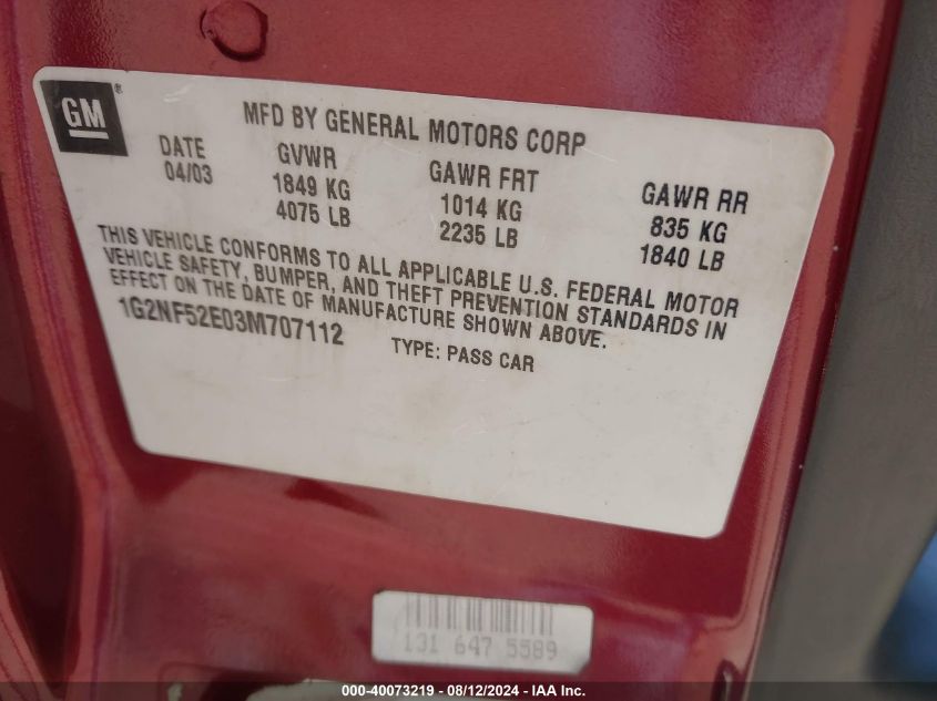 2003 Pontiac Grand Am Se1 VIN: 1G2NF52E03M707112 Lot: 40073219