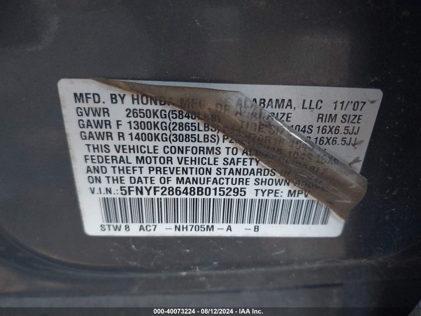 2008 Honda Pilot Ex-L VIN: 5FNYF28648B015295 Lot: 40073224