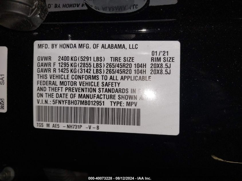 5FNYF8H07MB012951 2021 Honda Passport Awd Elite