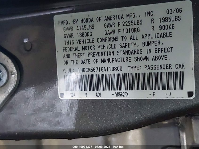 2006 Honda Accord 2.4 Ex VIN: 1HGCM56716A119800 Lot: 40073377