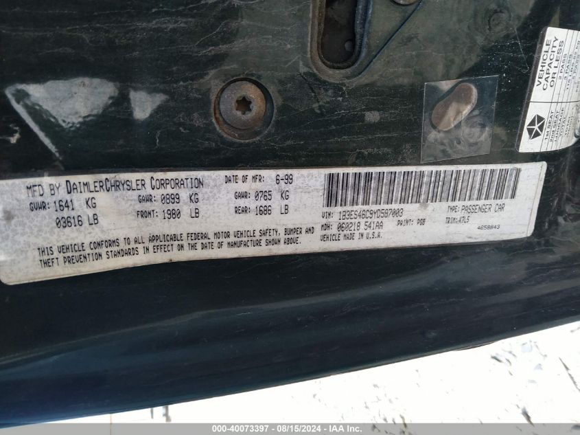 2000 Dodge Neon Es VIN: 1B3ES46C9YD587003 Lot: 40073397