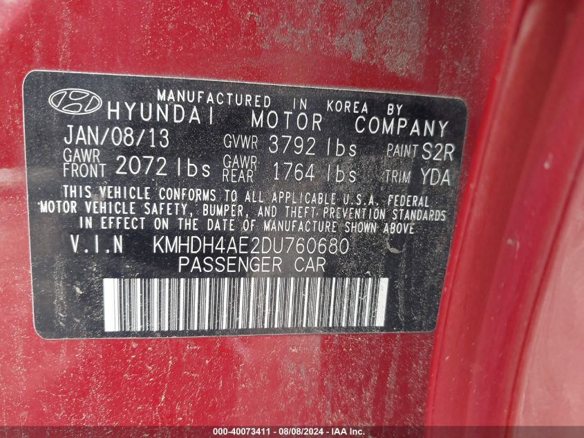 KMHDH4AE2DU760680 2013 Hyundai Elantra Gls