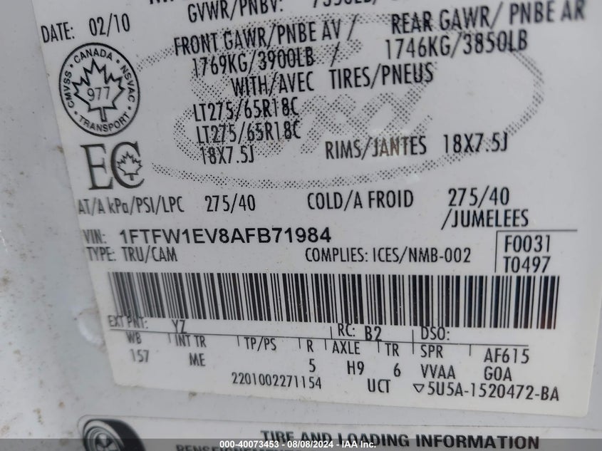 2010 Ford F-150 Fx4/Harley-Davidson/King Ranch/Lariat/Platinum/Xl/Xlt VIN: 1FTFW1EV8AFB71984 Lot: 40073453
