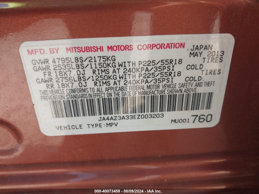 2014 Mitsubishi Outlander Se VIN: JA4AZ3A33EZ003203 Lot: 40073459