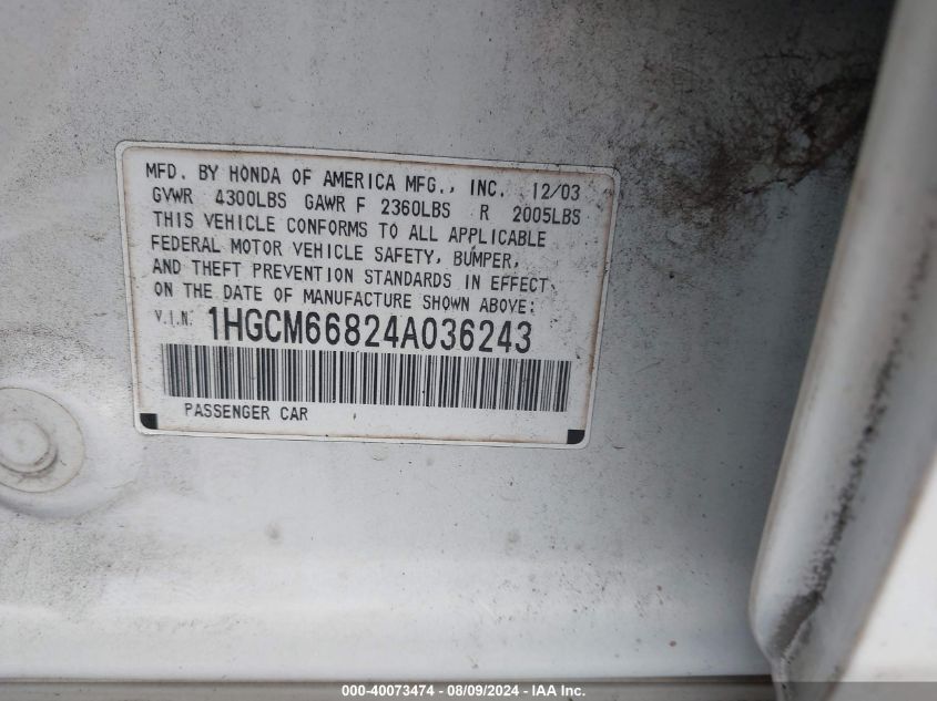 2004 Honda Accord 3.0 Ex VIN: 1HGCM66824A036243 Lot: 40073474