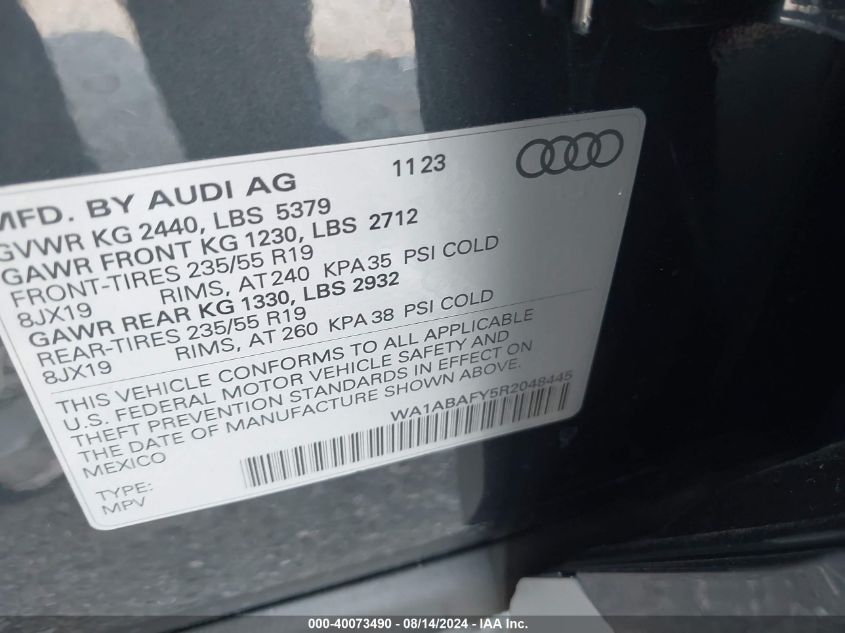 2024 Audi Q5 Premium 40 Tfsi Quattro S Tronic VIN: WA1ABAFY5R2048445 Lot: 40073490