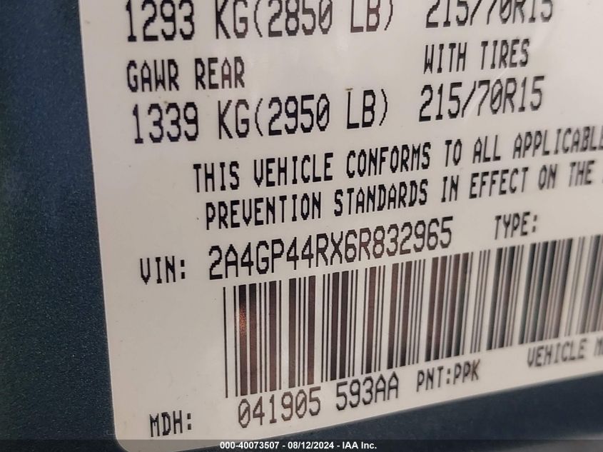 2006 Chrysler Town & Country Lx VIN: 2A4GP44RX6R832965 Lot: 40073507