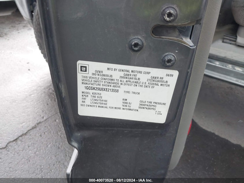 1999 Chevrolet Silverado 2500 Ls VIN: 1GCGK29U8XE213558 Lot: 40073520