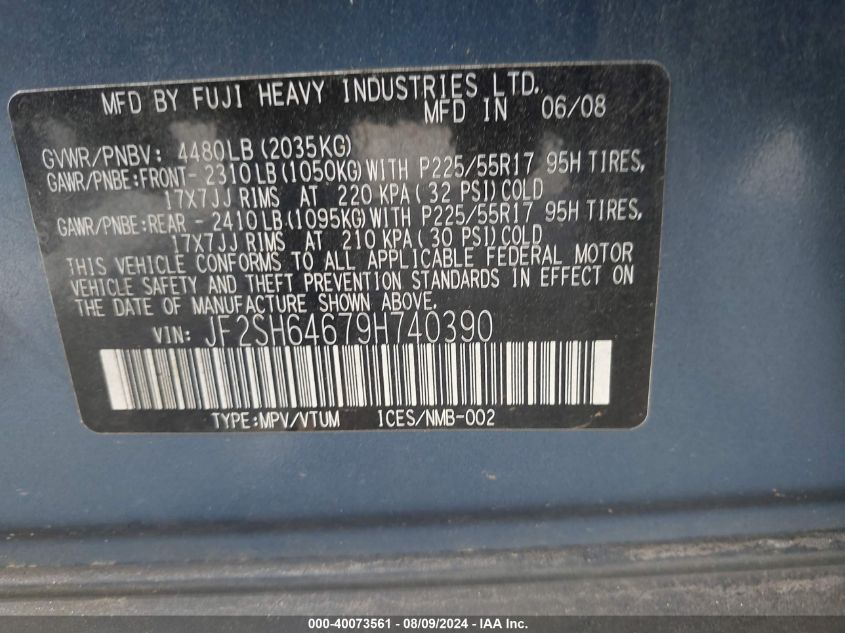 2009 Subaru Forester 2.5X Limited VIN: JF2SH64679H740390 Lot: 40073561