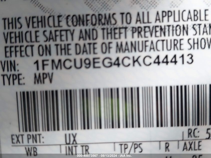 2012 Ford Escape Limited VIN: 1FMCU9EG4CKC44413 Lot: 40073567