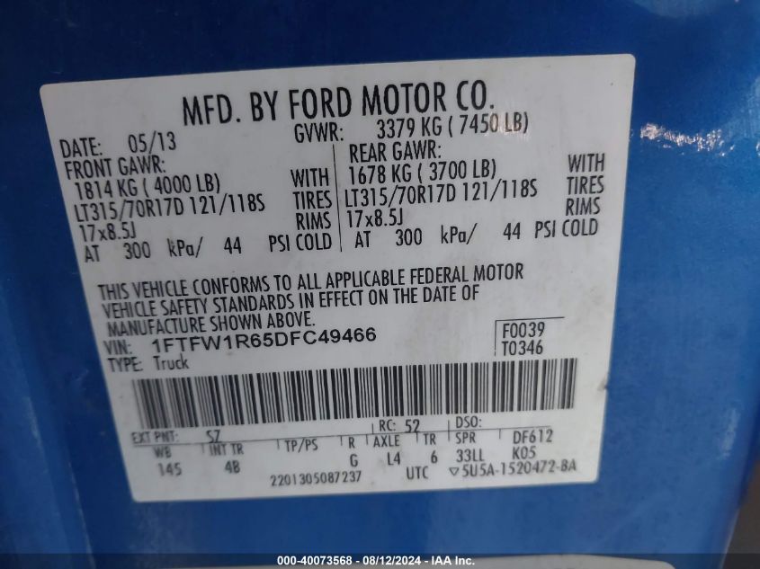 2013 Ford F-150 Svt Raptor VIN: 1FTFW1R65DFC49466 Lot: 40073568