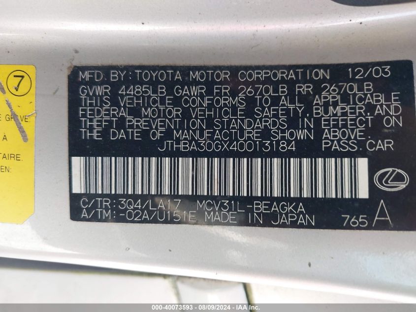 2004 Lexus Es 330 VIN: JTHBA30GX40013184 Lot: 40073593