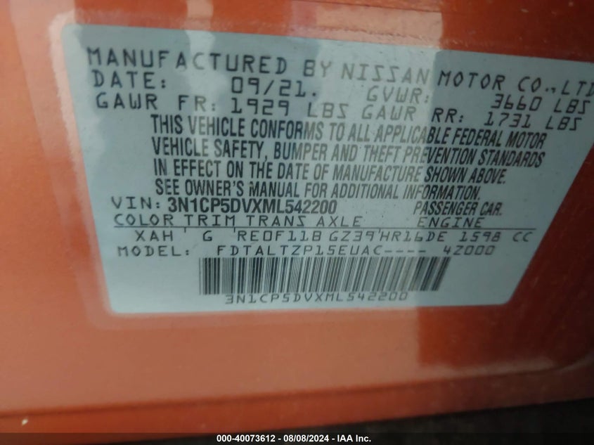 2021 NISSAN KICKS 1.6L I-4 DOHC, VVT, (VIN: 3N1CP5DVXML542200