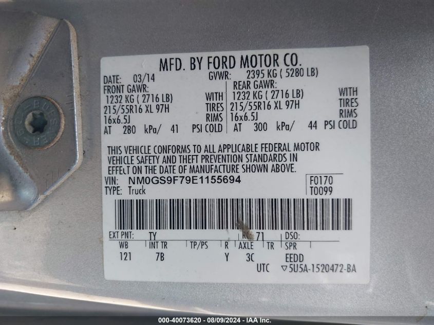 2014 Ford Transit Connect Xlt VIN: NM0GS9F79E1155694 Lot: 40073620