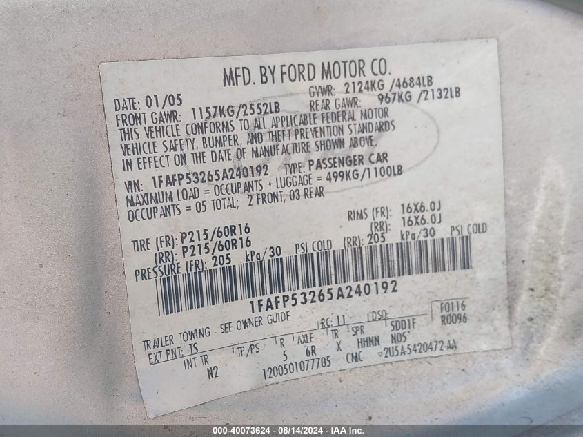 2005 Ford Taurus Se VIN: 1FAFP53265A240192 Lot: 40073624