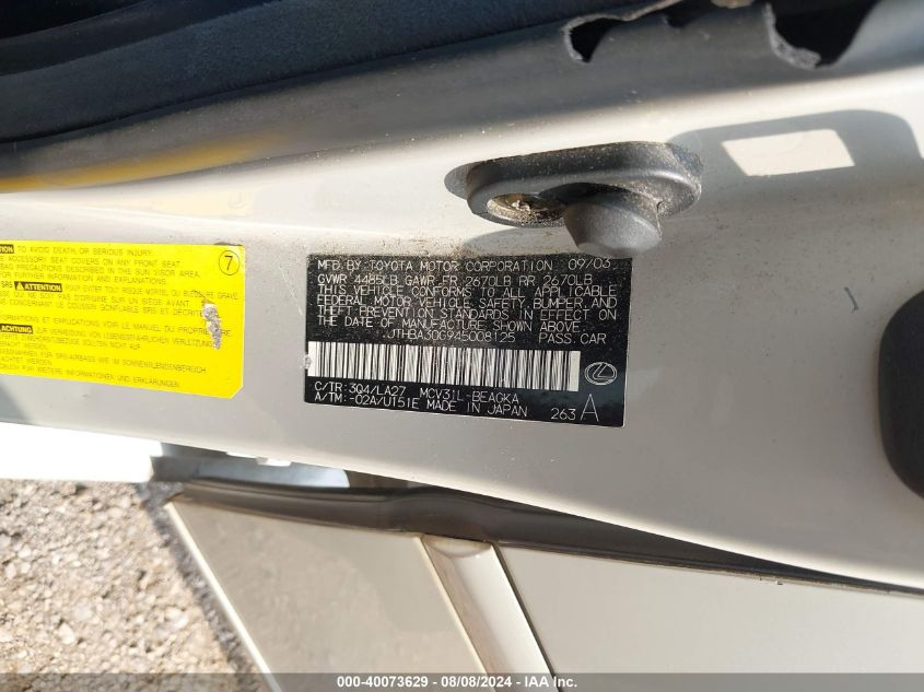 2004 Lexus Es 330 VIN: JTHBA30G945008125 Lot: 40073629