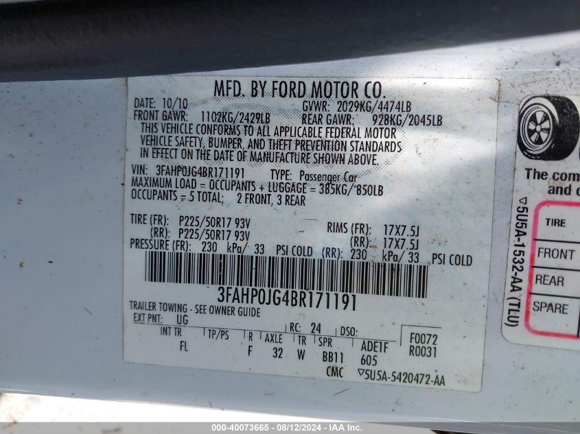 2011 Ford Fusion Sel VIN: 3FAHP0JG4BR171191 Lot: 40073665