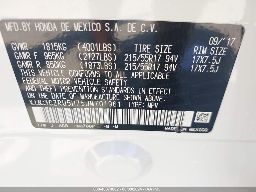 2018 HONDA HR-V EX-L - 3CZRU5H75JM701961