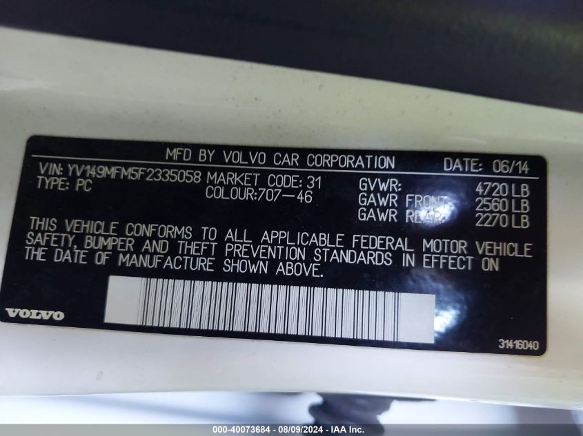 YV149MFM5F2335058 2015 Volvo S60 Platinum