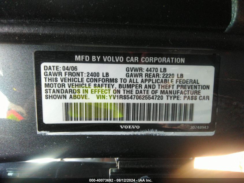 2006 Volvo S60 T5 VIN: YV1RS547062554720 Lot: 40073692