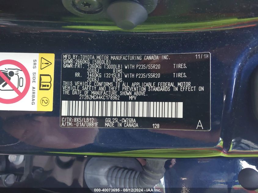 2019 Lexus Rx 350 VIN: 2T2BZMCA4KC178962 Lot: 40073695