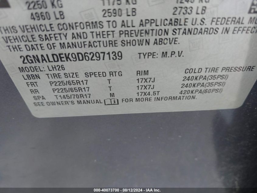 2013 Chevrolet Equinox 1Lt VIN: 2GNALDEK9D6297139 Lot: 40073700