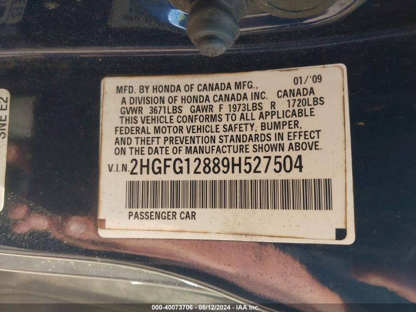 2009 Honda Civic Ex VIN: 2HGFG12889H527504 Lot: 40073706