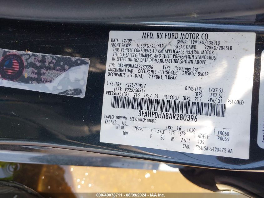 2010 Ford Fusion Se VIN: 3FAHP0HA8AR280396 Lot: 40073711