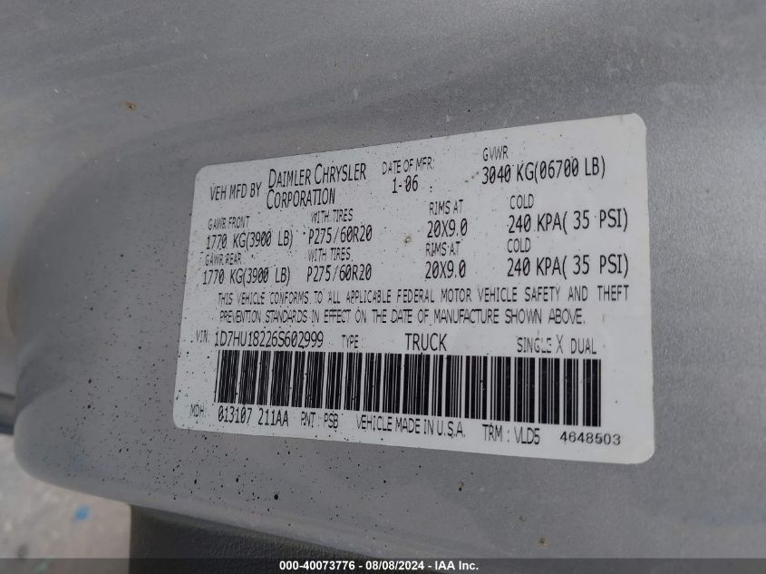 2006 Dodge Ram 1500 Laramie VIN: 1D7HU18226S602999 Lot: 40073776