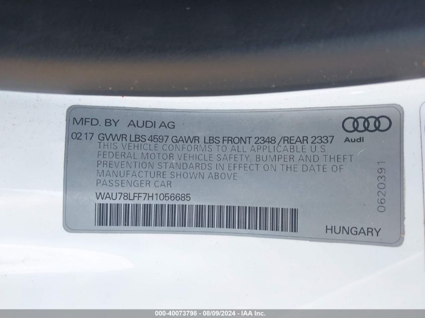 2017 Audi A3 2.0T Premium VIN: WAU78LFF7H1056685 Lot: 40073798