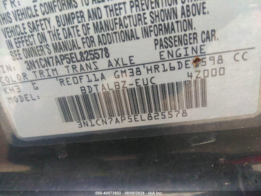 2014 Nissan Versa 1.6 Sv VIN: 3N1CN7AP5EL825578 Lot: 40073802