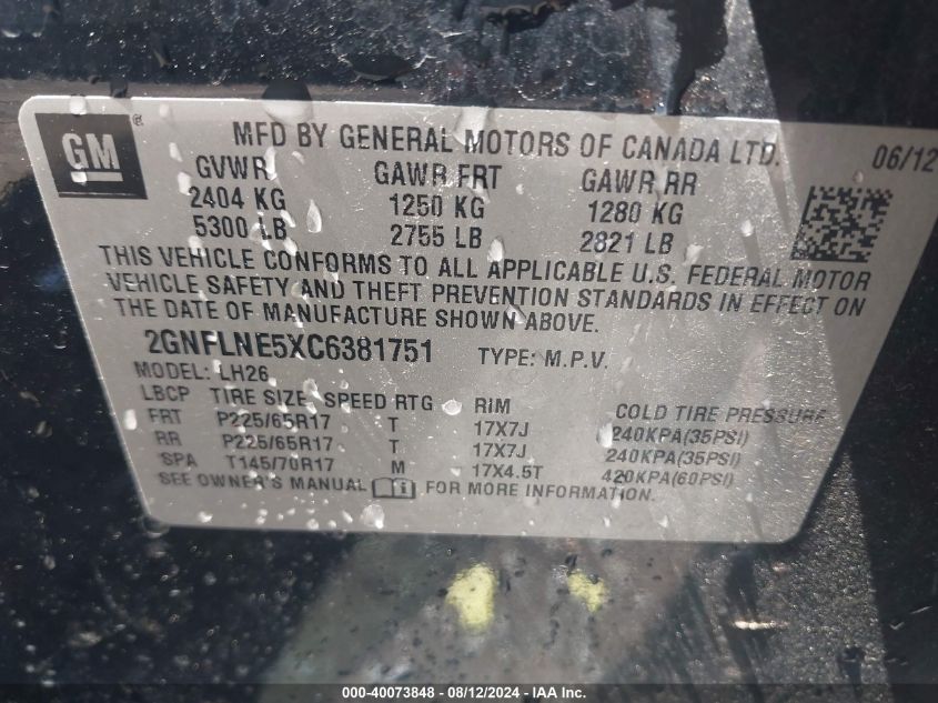 2012 Chevrolet Equinox 2Lt VIN: 2GNFLNE5XC6381751 Lot: 40073848