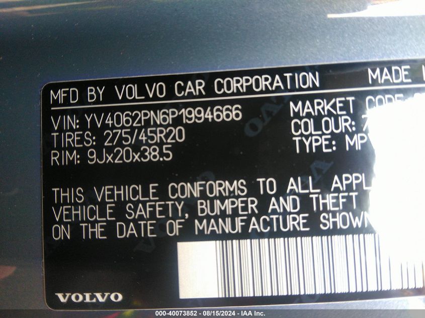 2023 Volvo Xc90 B6 Plus 7-Seater VIN: YV4062PN6P1994666 Lot: 40073852