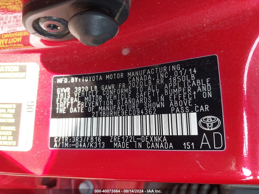 2014 TOYOTA COROLLA L/LE/LE PLS/PRM/S/S PLS - 2T1BURHE9EC094362