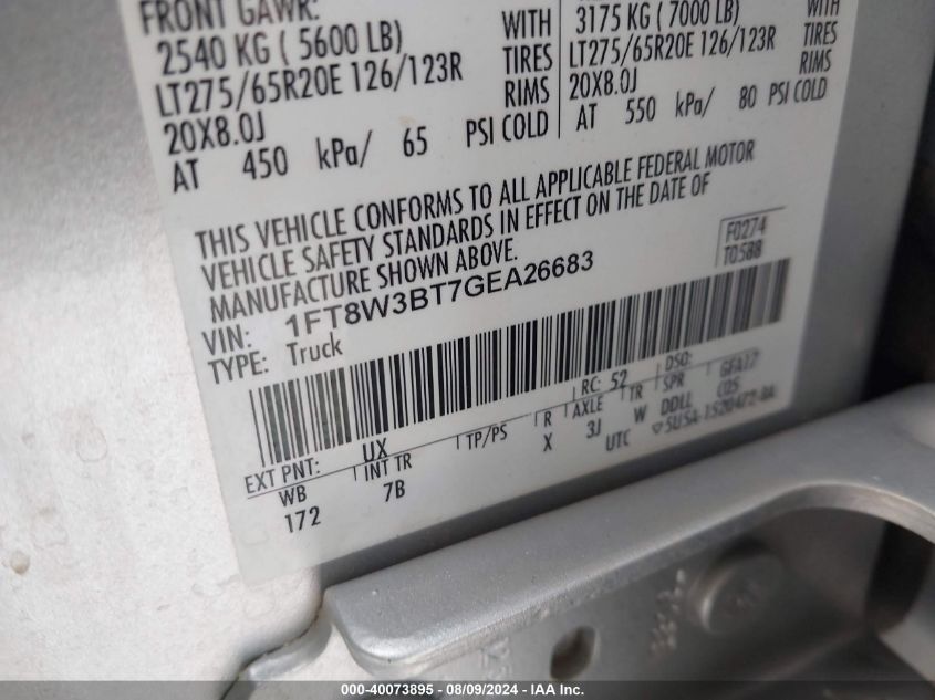 2016 Ford F-350 Lariat VIN: 1FT8W3BT7GEA26683 Lot: 40073895