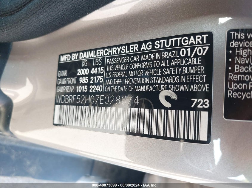 2007 Mercedes-Benz C 230 Sport VIN: WDBRF52H07E028074 Lot: 40073899