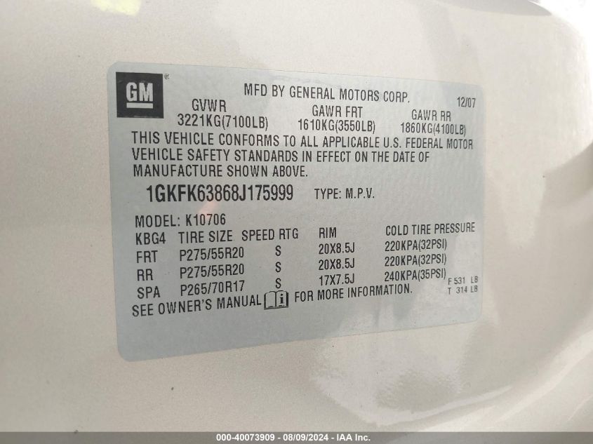 2008 GMC Yukon Denali VIN: 1GKFK63868J175999 Lot: 40073909