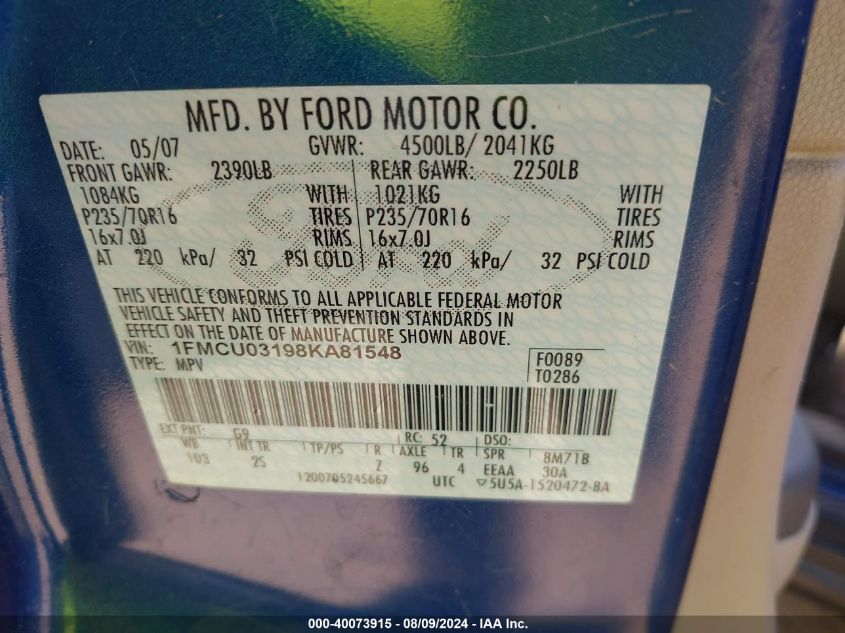 2008 Ford Escape Xlt VIN: 1FMCU03198KA81548 Lot: 40073915