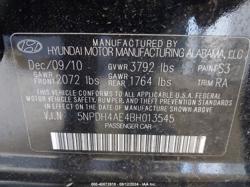 2011 Hyundai Elantra Limited VIN: 5NPDH4AE4BH013545 Lot: 40073918